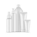 Blank cosmetic packaging mockup: pump and spray bottles, big bottle for shampoo, small and high tubes